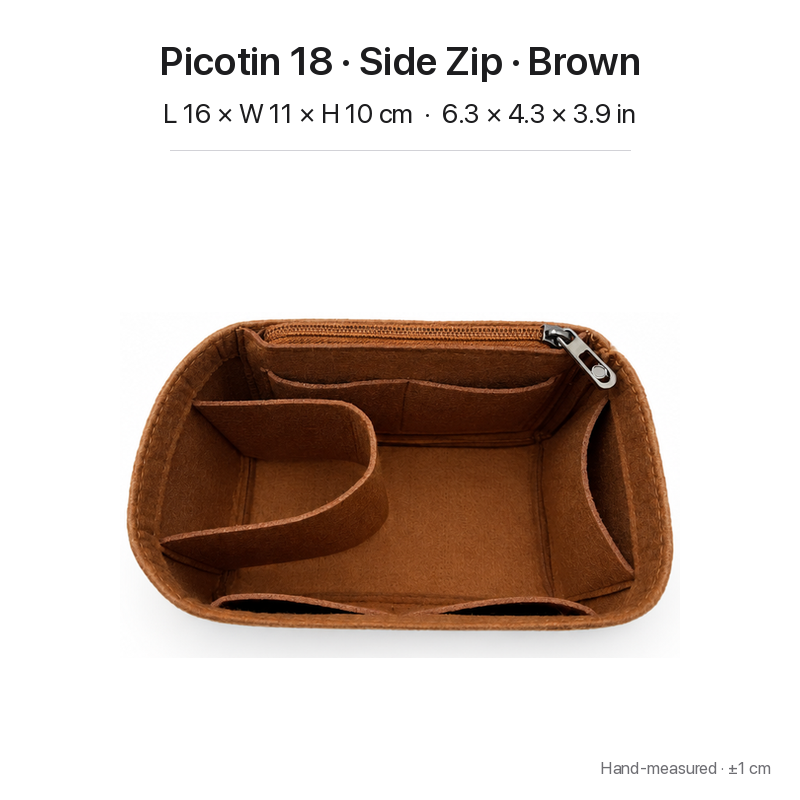 Brown felt bag organizer insert for Hermès Picotin 18, side zipper layout, top view showing pockets