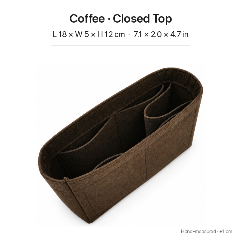Coffee felt bag organizer insert for Louis Vuitton Locky BB, closed top, angled view