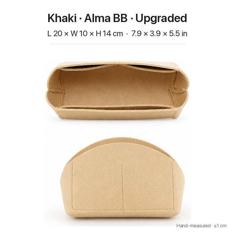 Khaki felt bag organizer insert for Louis Vuitton Alma BB, upgraded version, top and front views