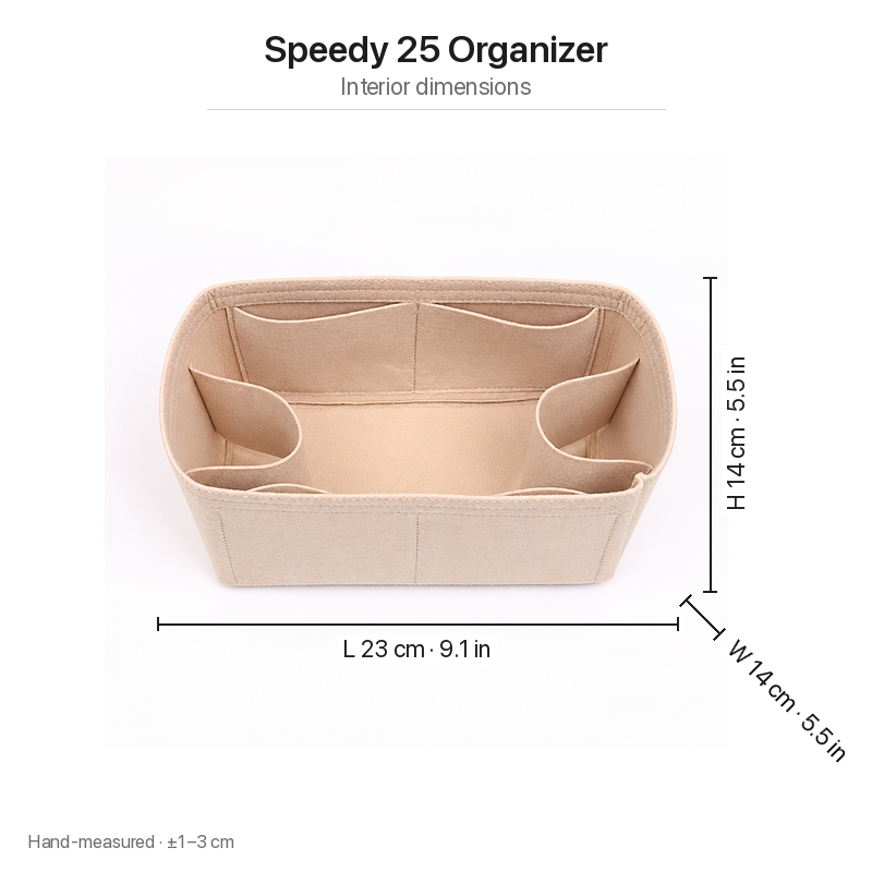 Interior dimensions chart for the Speedy 25 felt organizer insert, beige: 23 x 14 x 14 cm