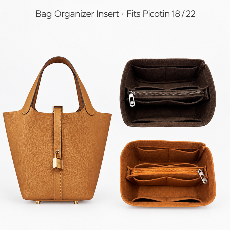 Coffee and brown felt organizer inserts for Hermès Picotin 18 and 22 with center zippers, beside the bag