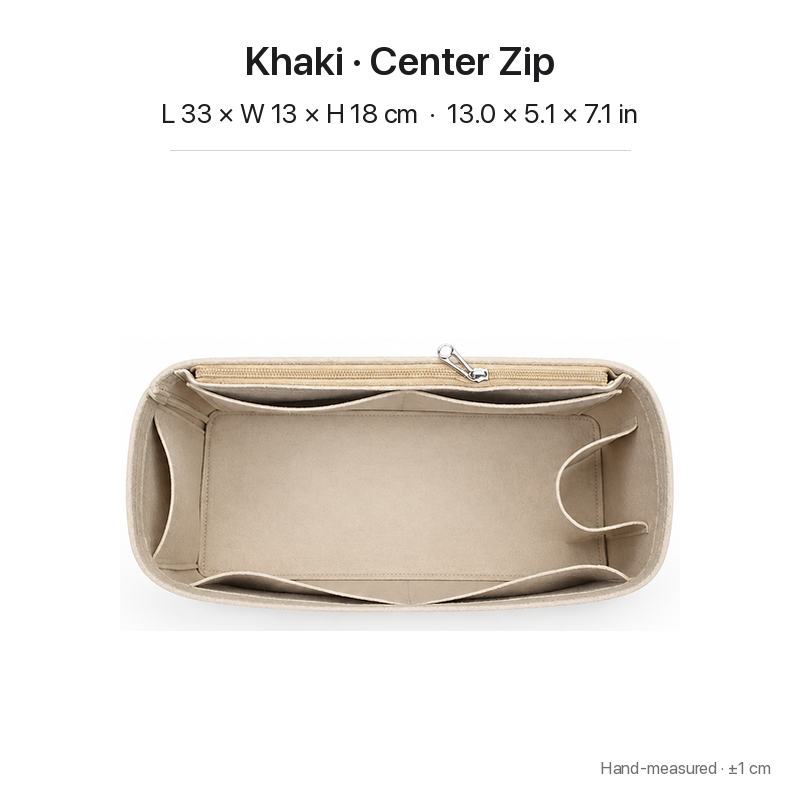 Khaki felt bag organizer insert for Goyard Bohème Hobo, center zipper layout, top view showing pockets