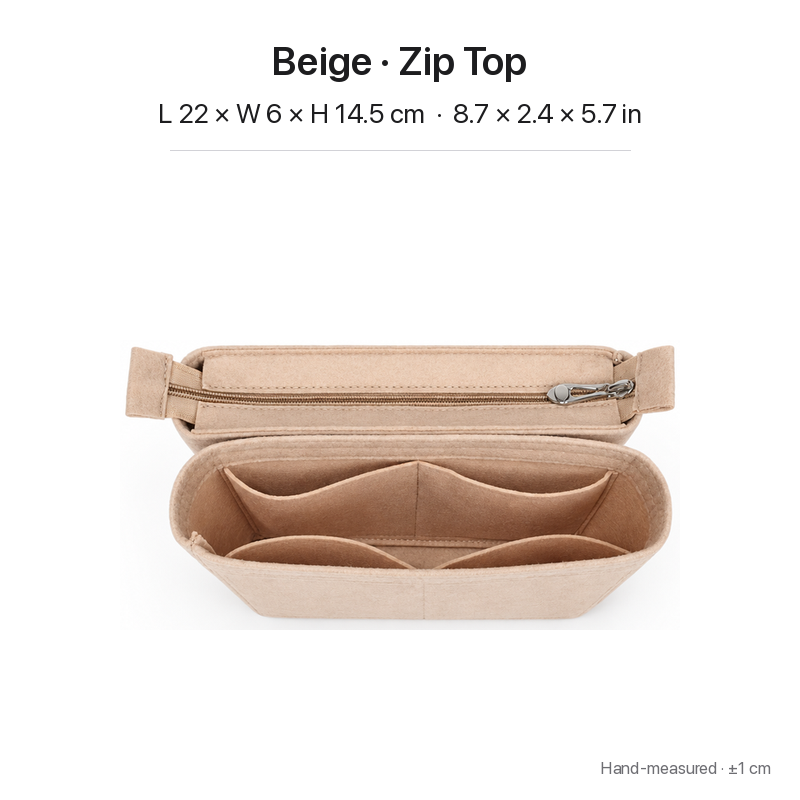 Beige felt bag organizer insert for Louis Vuitton NeoNoe MM, zipper top, two-section top view