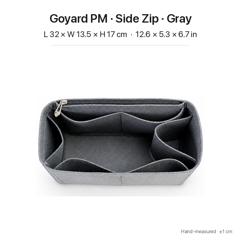 Gray felt bag organizer insert for Goyard Saint Louis PM, side zipper layout, top view showing pockets