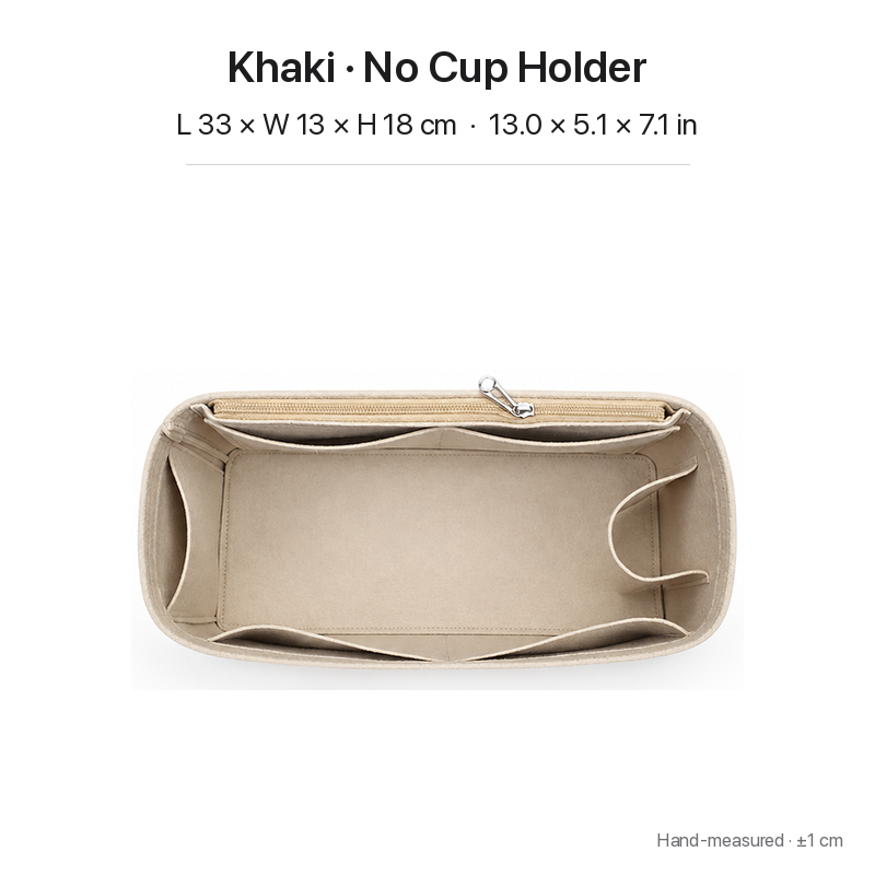 Khaki felt bag organizer insert for Goyard Bohème Hobo, no-cup-holder layout, top view showing pockets