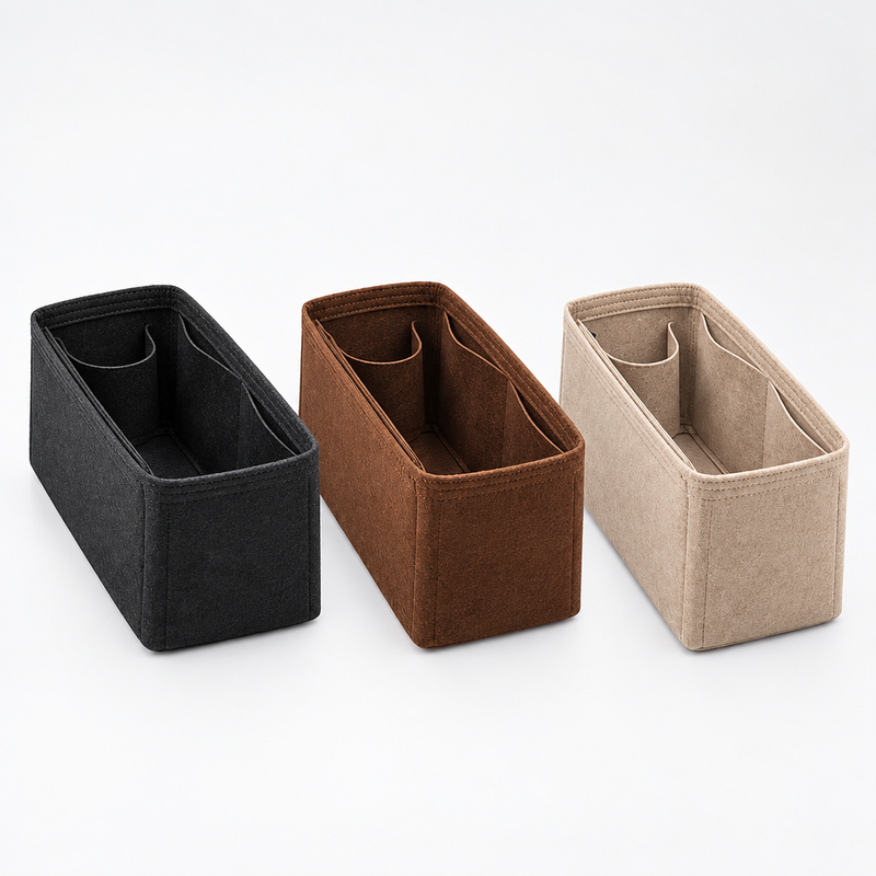 Black, coffee and beige felt organizer inserts, angled view of the open tops and inner pockets