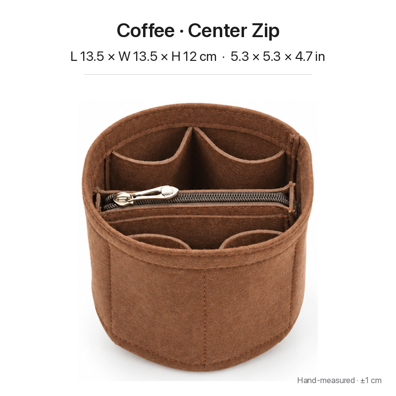 Coffee felt bag organizer insert for Louis Vuitton Cannes, center zipper layout, top view showing pockets