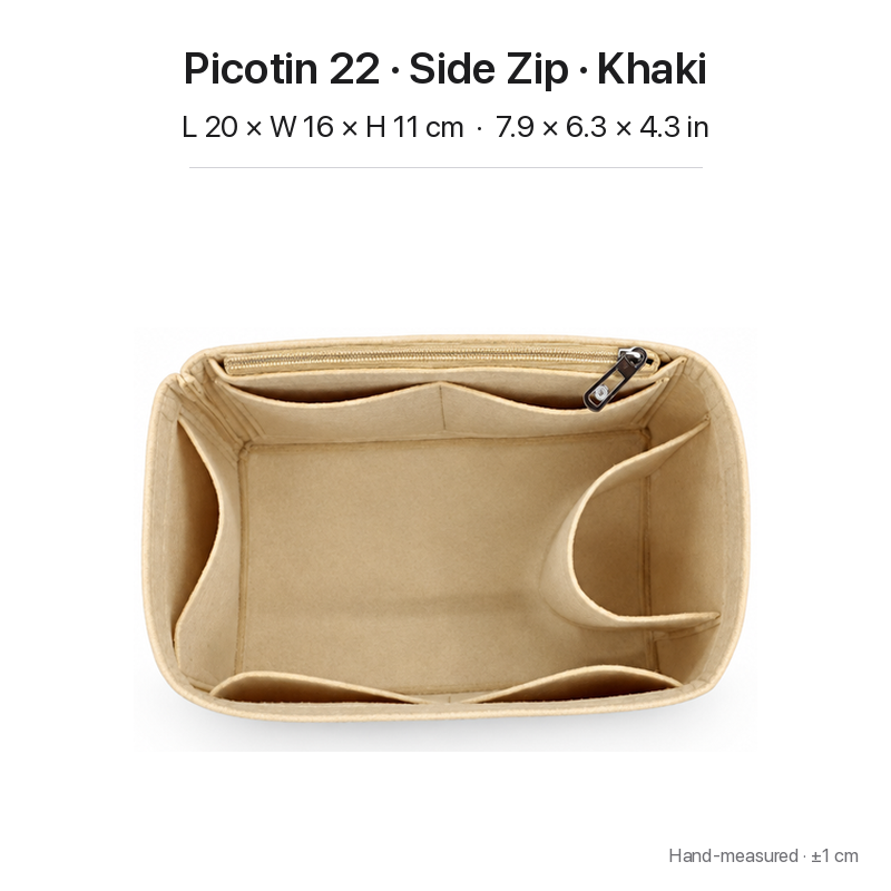 Khaki felt bag organizer insert for Hermès Picotin 22, side zipper layout, top view showing pockets