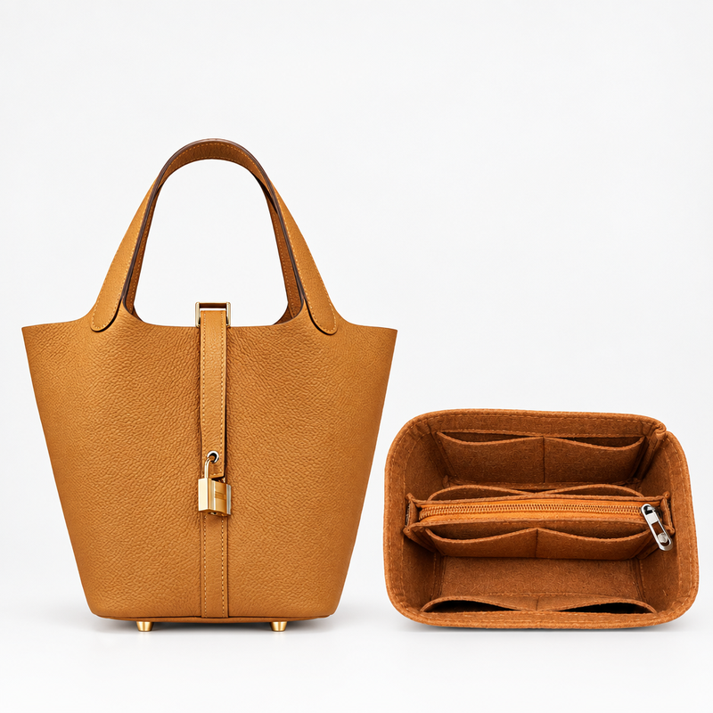 Brown felt organizer insert for Hermès Picotin beside the bag, center zipper pocket visible