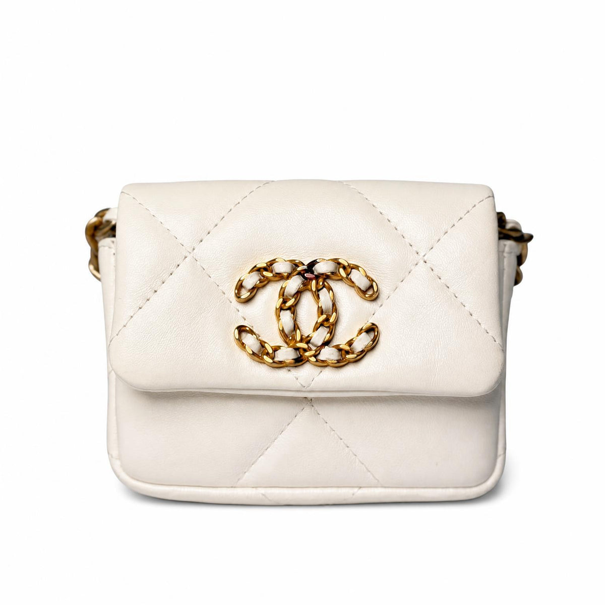Chanel 19 Flap Card Holder in white quilted lambskin with leather-woven gold-tone CC, front view