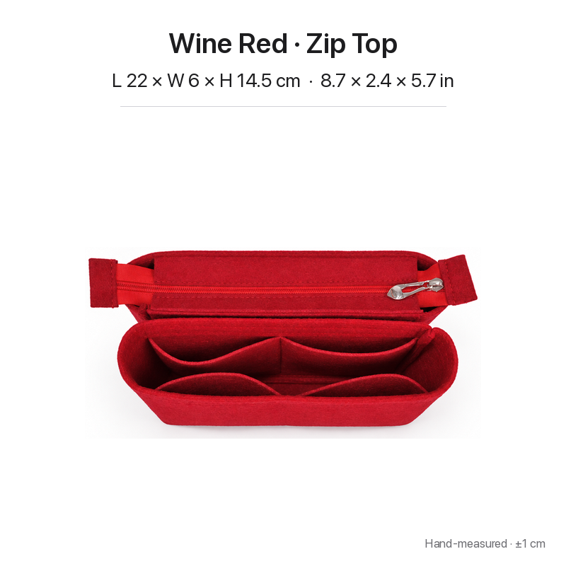 Wine red felt bag organizer insert for Louis Vuitton NeoNoe MM, zipper top, two-section top view