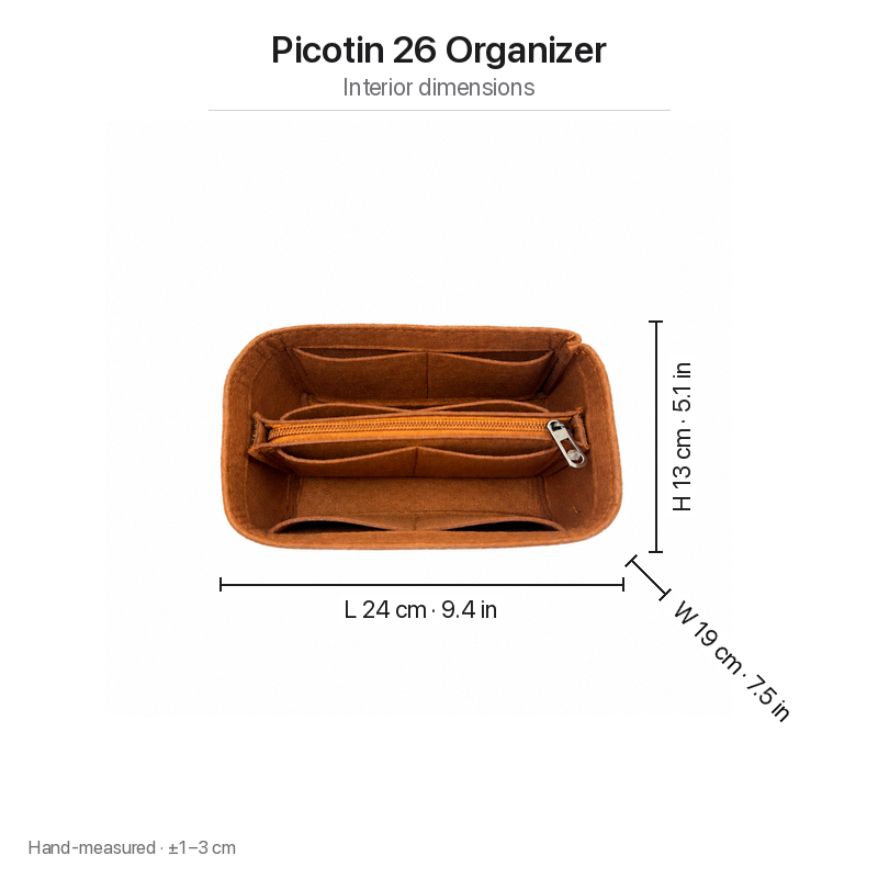 Interior dimensions chart labeled Picotin 26 Organizer: 24 x 19 x 13 cm, a size not offered here