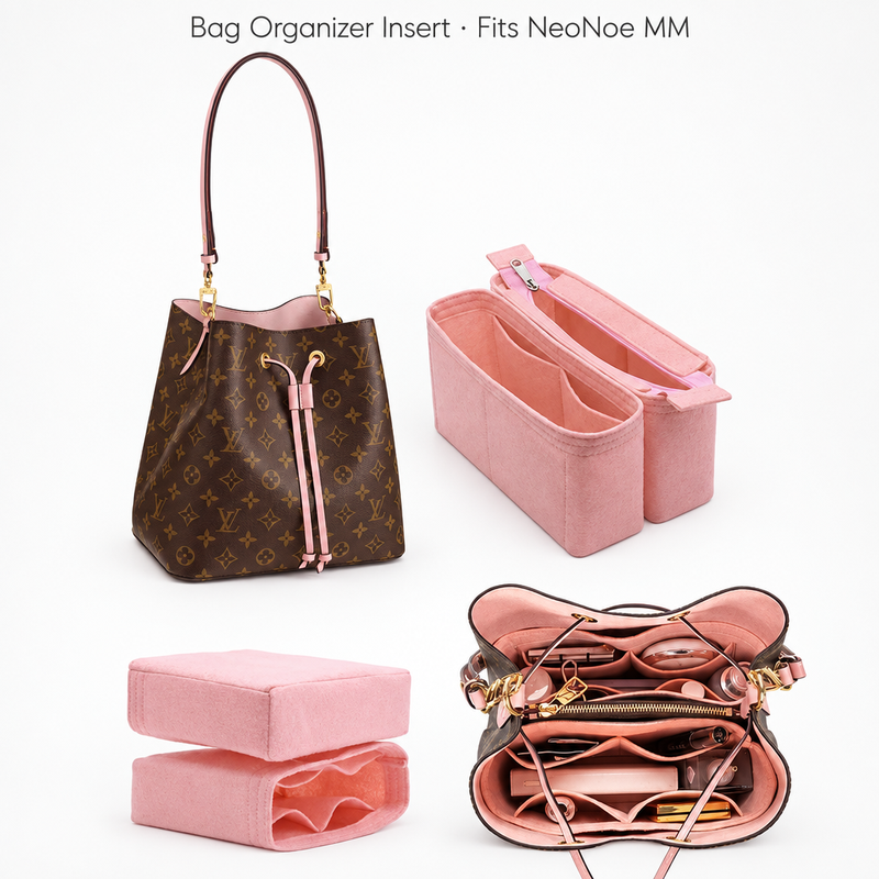 Pink felt organizer insert for Louis Vuitton NeoNoe MM: zipper top, stacked pieces and shown inside the bag