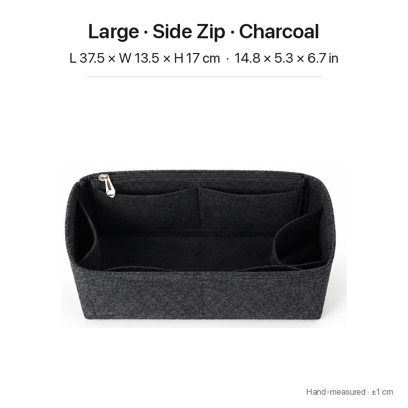 Charcoal felt bag organizer insert for Dior Book Tote Large, side zipper layout, top view showing pockets