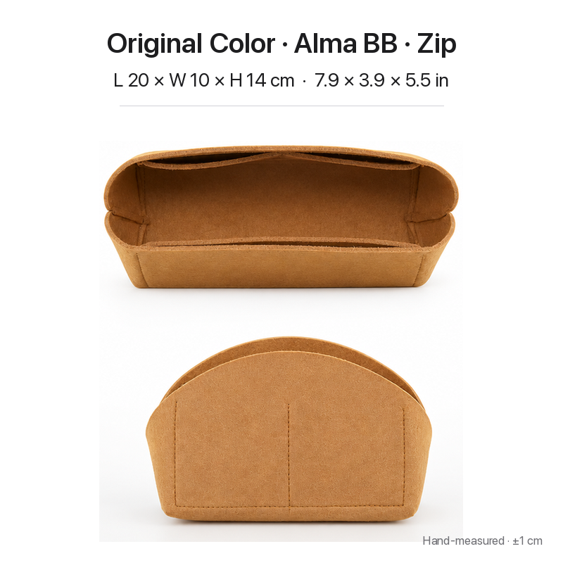 Tan (Original Color) felt bag organizer insert for Louis Vuitton Alma BB, zipper version, top and front views