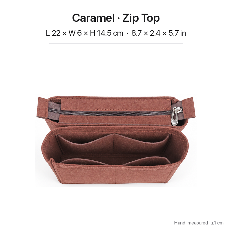 Caramel felt bag organizer insert for Louis Vuitton NeoNoe MM, zipper top, two-section top view