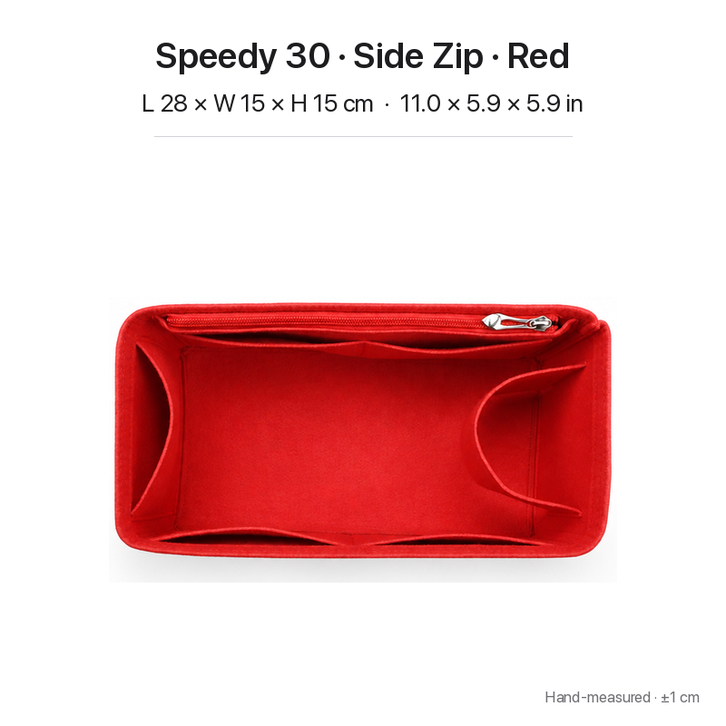 Red felt bag organizer insert for Louis Vuitton Speedy 30, side zipper layout, top view showing pockets