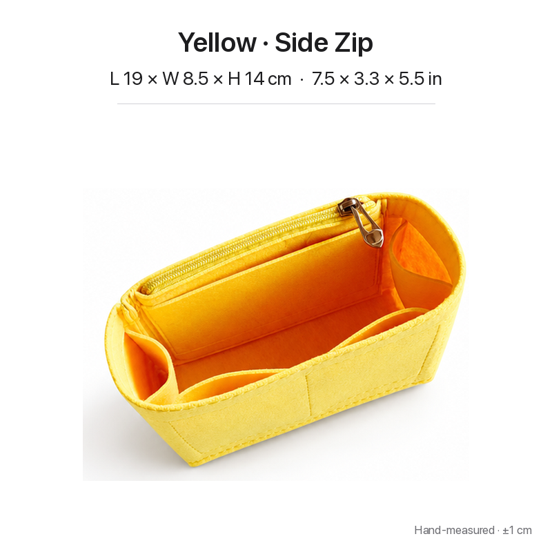 Yellow felt bag organizer insert for Goyard Saint Louis Mini, side zipper pocket, 19 x 8.5 x 14 cm