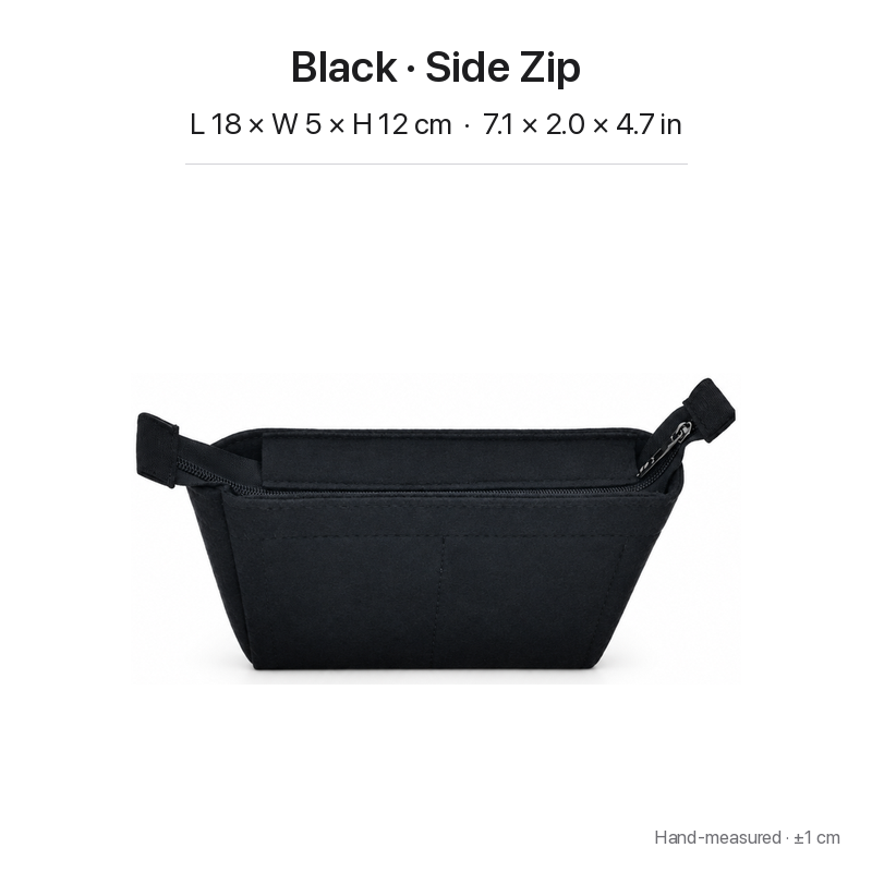 Black felt bag organizer insert for Louis Vuitton Locky BB, side zipper layout, front view of the zippered top