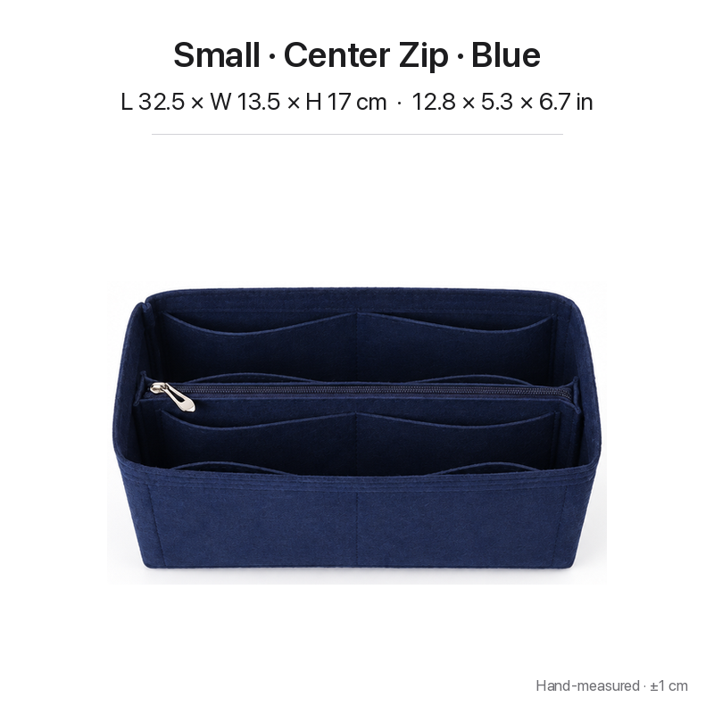 Blue felt bag organizer insert for Dior Book Tote Small, center zipper layout, top view showing pockets