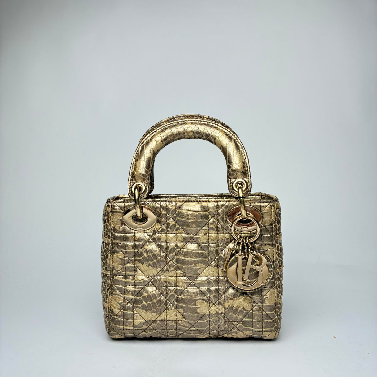 Metallic Snakeskin Cannage Lady Dior Beige