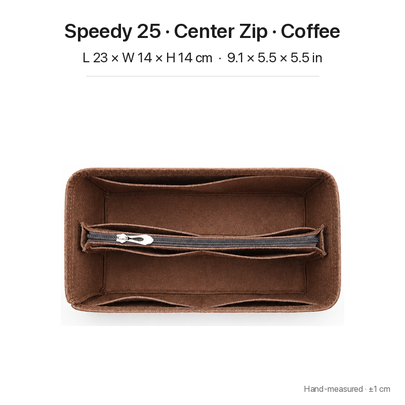 Coffee felt bag organizer insert for Louis Vuitton Speedy 25, center zipper layout, top view showing pockets