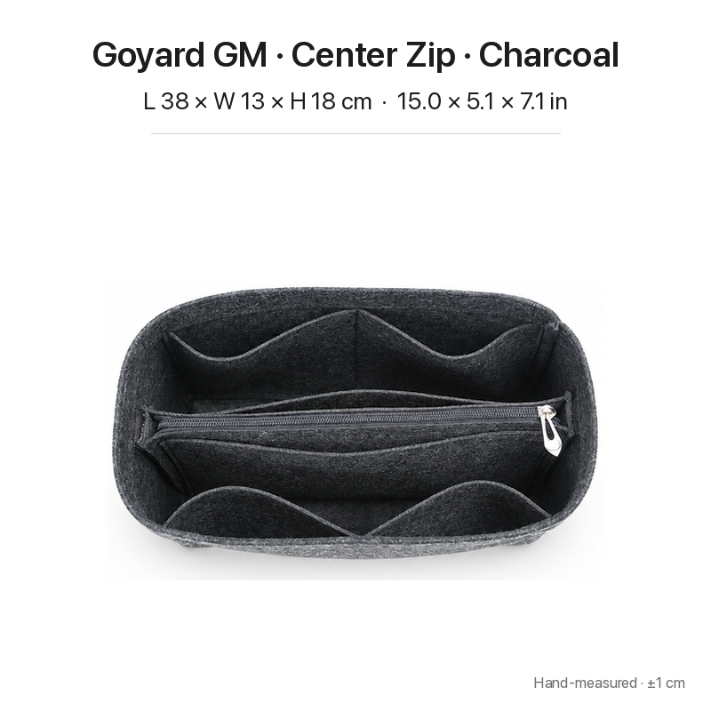 Charcoal felt bag organizer insert for Goyard Saint Louis GM, center zipper layout, top view showing pockets