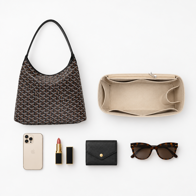 Khaki felt organizer insert for Goyard Bohème Hobo laid out with the bag, phone, lipstick, wallet and sunglasses