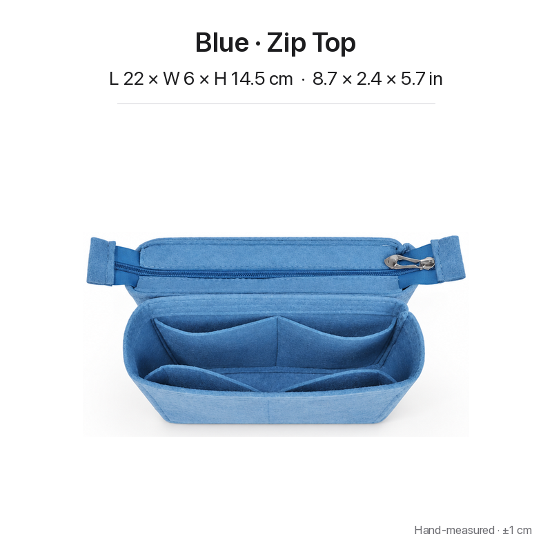 Blue felt bag organizer insert for Louis Vuitton NeoNoe MM, zipper top, two-section top view