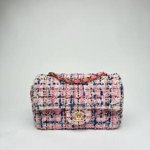 Chanel Mini Rectangular Flap Bag in pink, blue and white tweed with gold-tone CC and leather-woven chain, front view