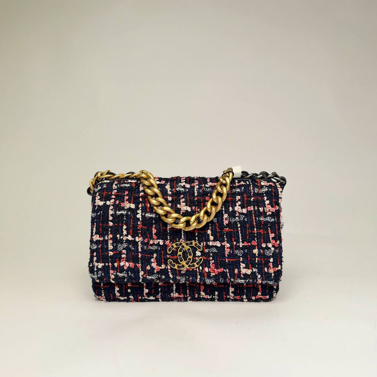Chanel 19 Wallet on Chain in navy multicolor tweed with chunky gold-tone chain, front view