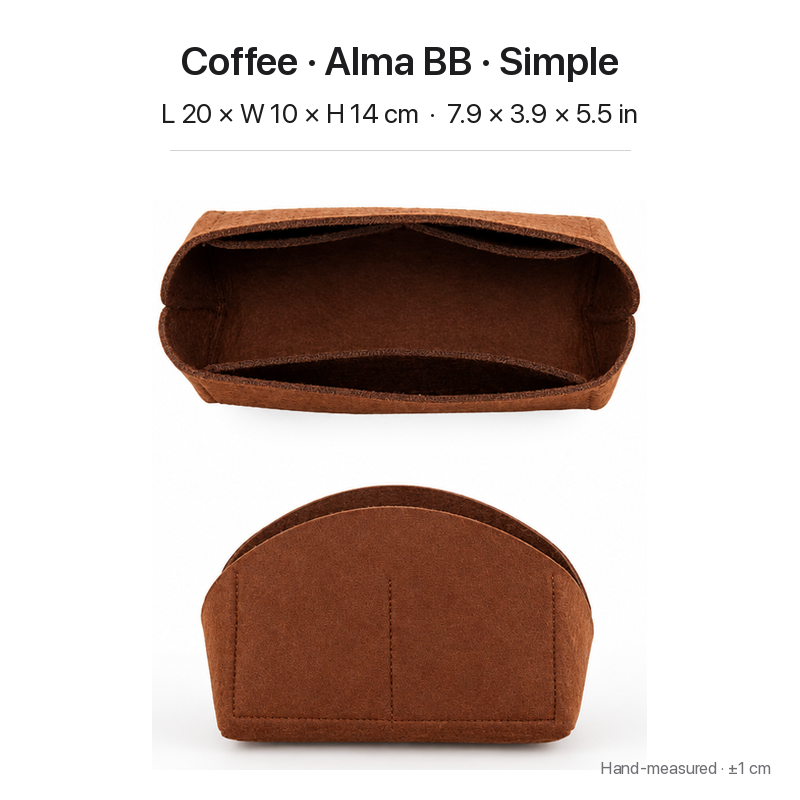 Coffee felt bag organizer insert for Louis Vuitton Alma BB, simple version, top and front views