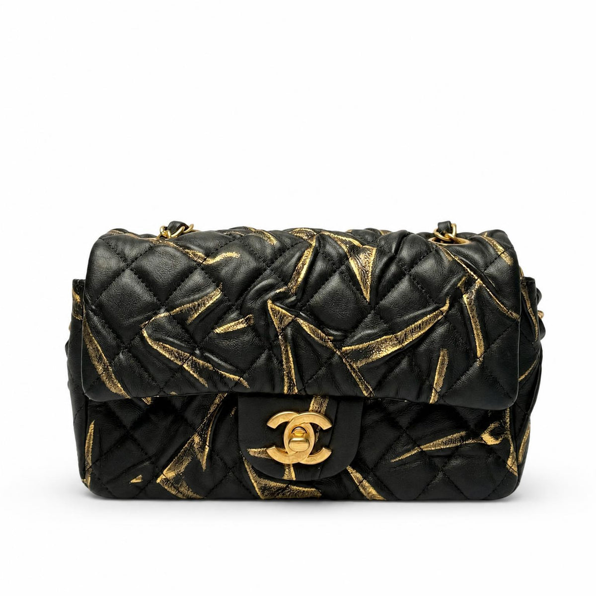 Chanel Mini Rectangular Flap Bag in black quilted leather with gold metallic streaks and gold-tone CC, front view