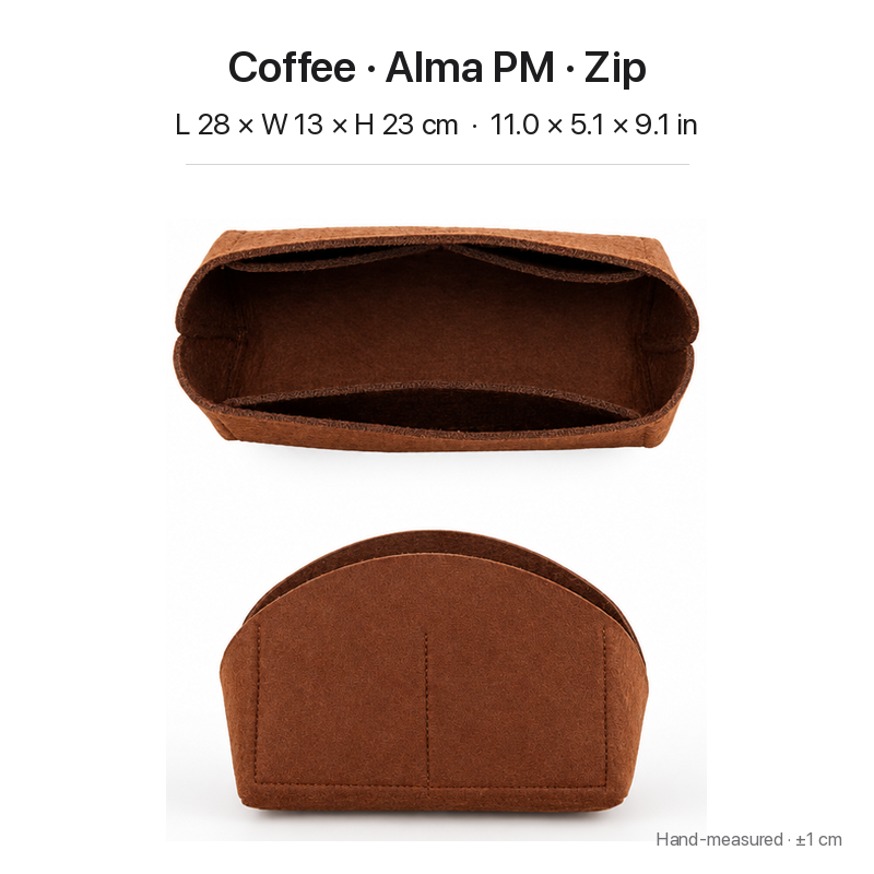Coffee felt bag organizer insert for Louis Vuitton Alma PM, zipper version, top and front views