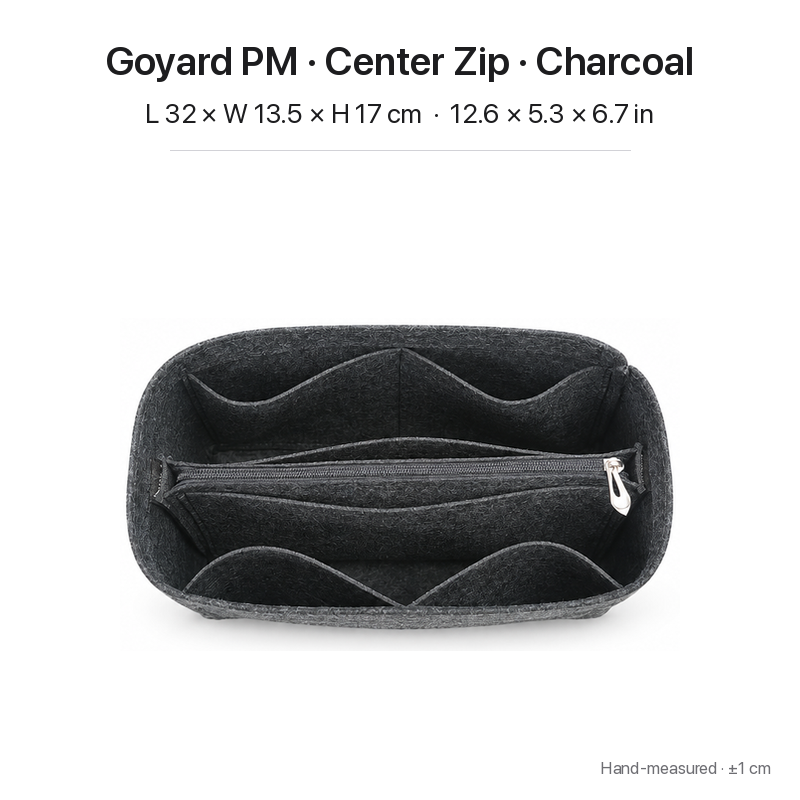 Charcoal felt bag organizer insert for Goyard Saint Louis PM, center zipper layout, top view showing pockets