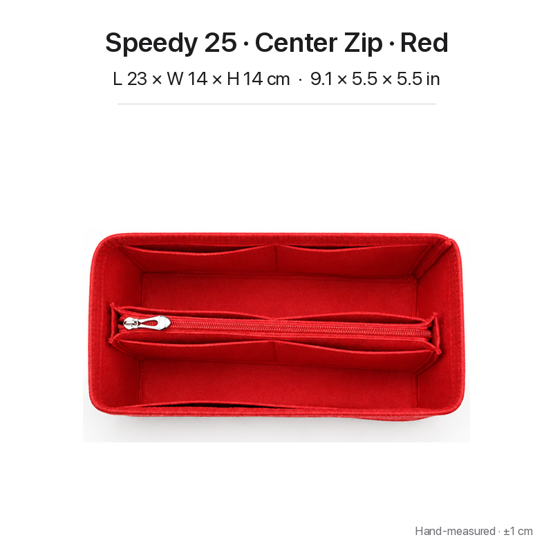 Red felt bag organizer insert for Louis Vuitton Speedy 25, center zipper layout, top view showing pockets