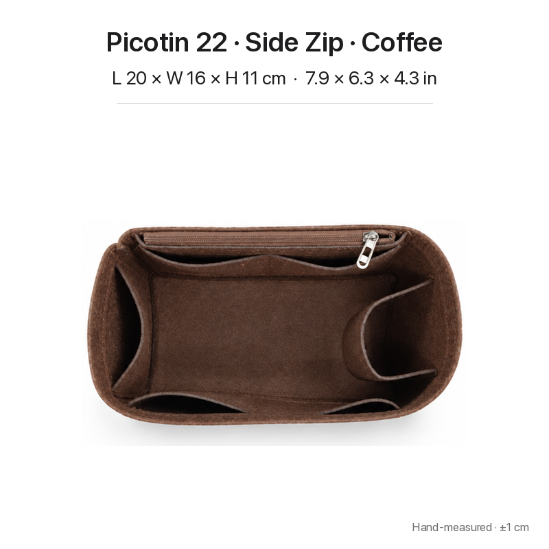 Coffee felt bag organizer insert for Hermès Picotin 22, side zipper layout, top view showing pockets