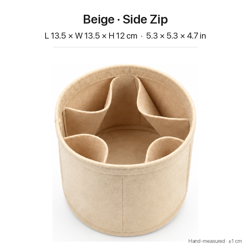 Beige felt bag organizer insert for Louis Vuitton Cannes, side zipper layout, top view showing pockets