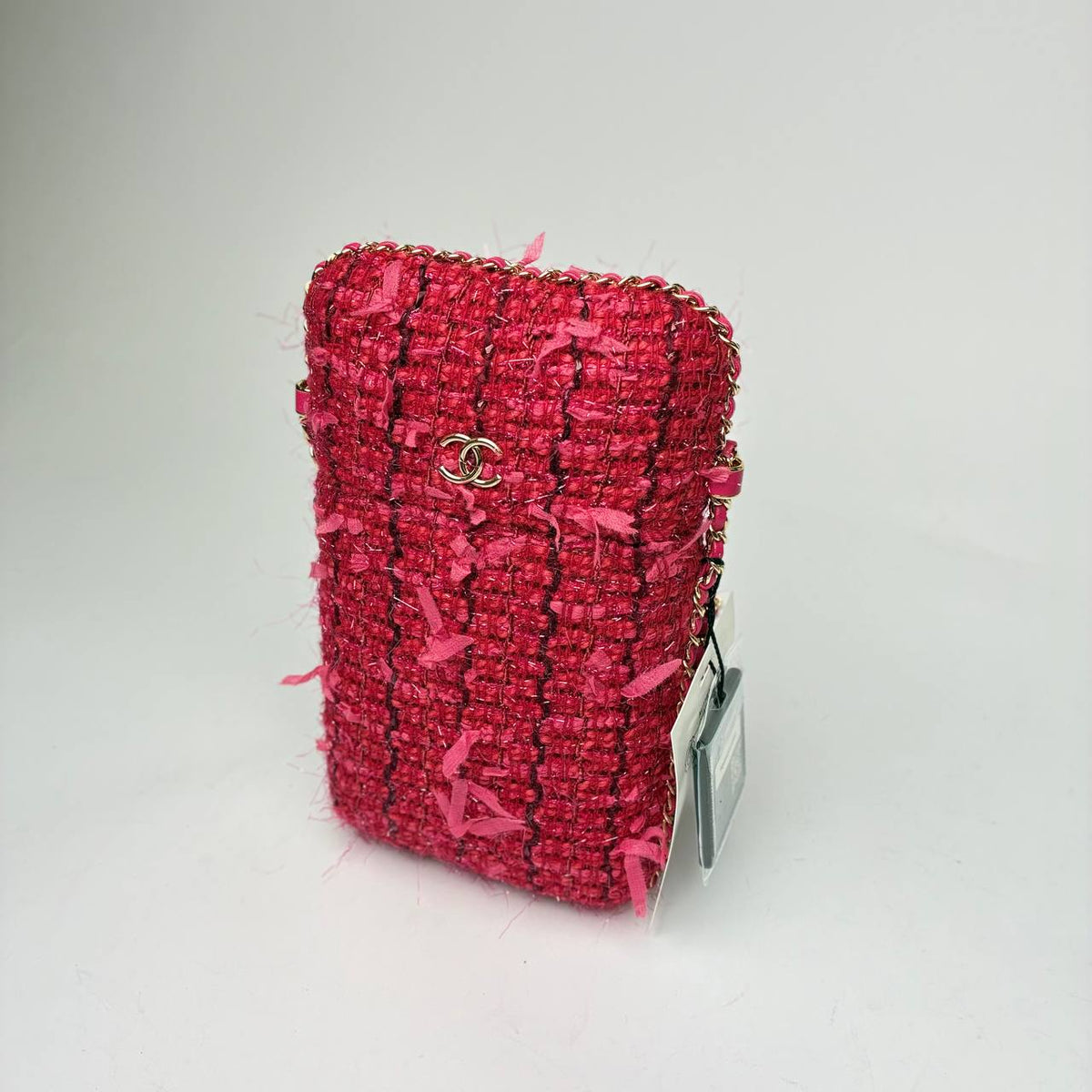 Chanel Tweed Chain Around Phone Holder red and pink, three-quarter side view