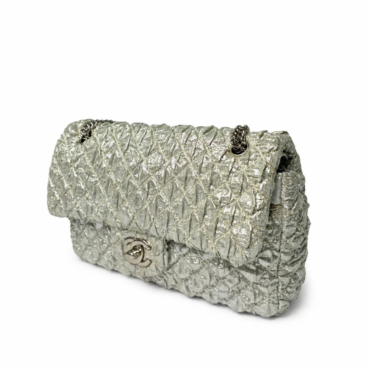 Chanel Classic Flap Bag silver metallic, angled side view with chain