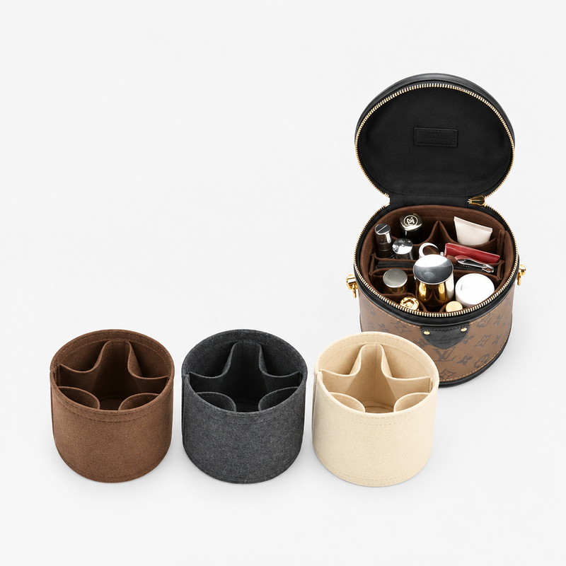 Coffee, gray and beige felt inserts for Louis Vuitton Cannes with cross dividers, and one shown inside the bag
