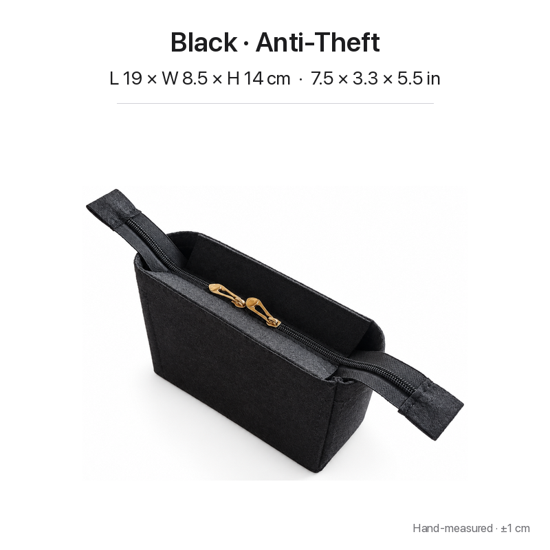 Black felt bag organizer insert for Goyard Saint Louis Mini, anti-theft zipper top with pull tabs, 19 x 8.5 x 14 cm