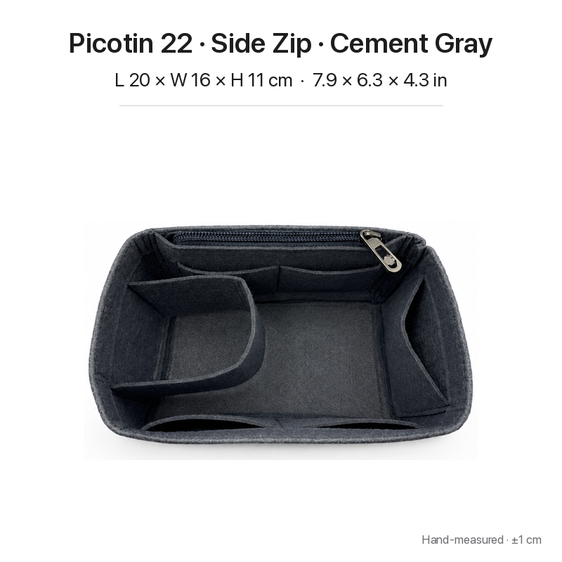 Cement gray felt bag organizer insert for Hermès Picotin 22, side zipper layout, top view showing pockets