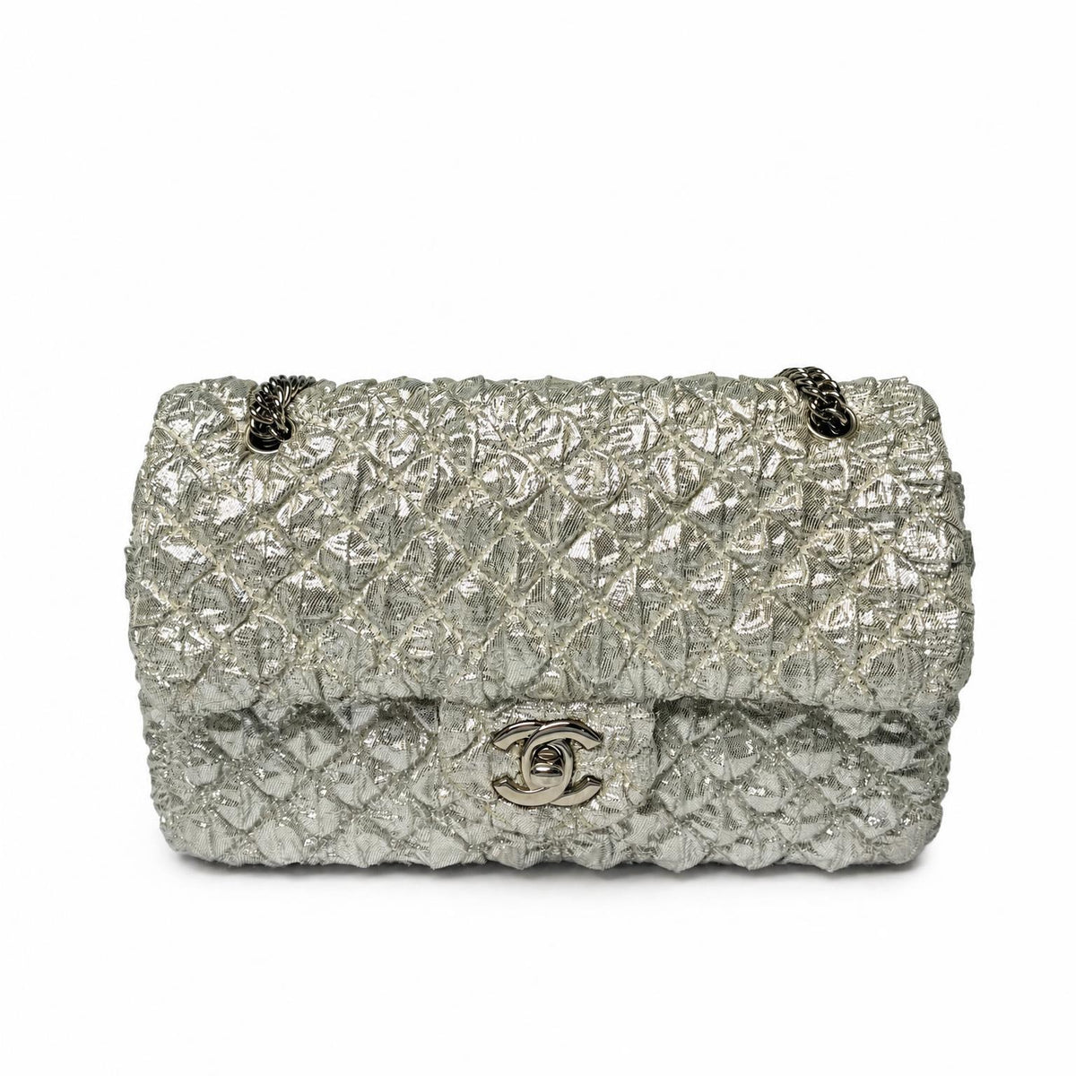 Chanel Classic Flap Bag in crinkled silver metallic fabric with silver-tone CC turnlock, front view