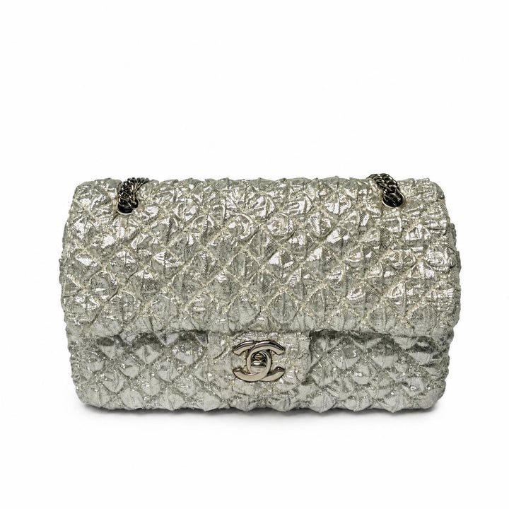 Chanel Classic Flap Bag in crinkled silver metallic fabric with silver-tone CC turnlock, front view
