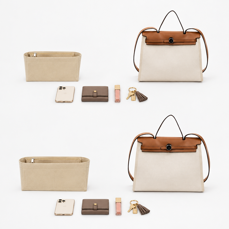 Beige felt organizer insert for Hermès Herbag 31 beside the bag with a phone, wallet, lip gloss and keys
