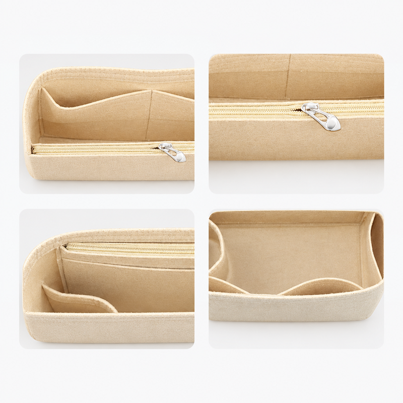 Four close-ups of the khaki felt insert: zipper pocket, zipper pull, slip pocket and end pocket