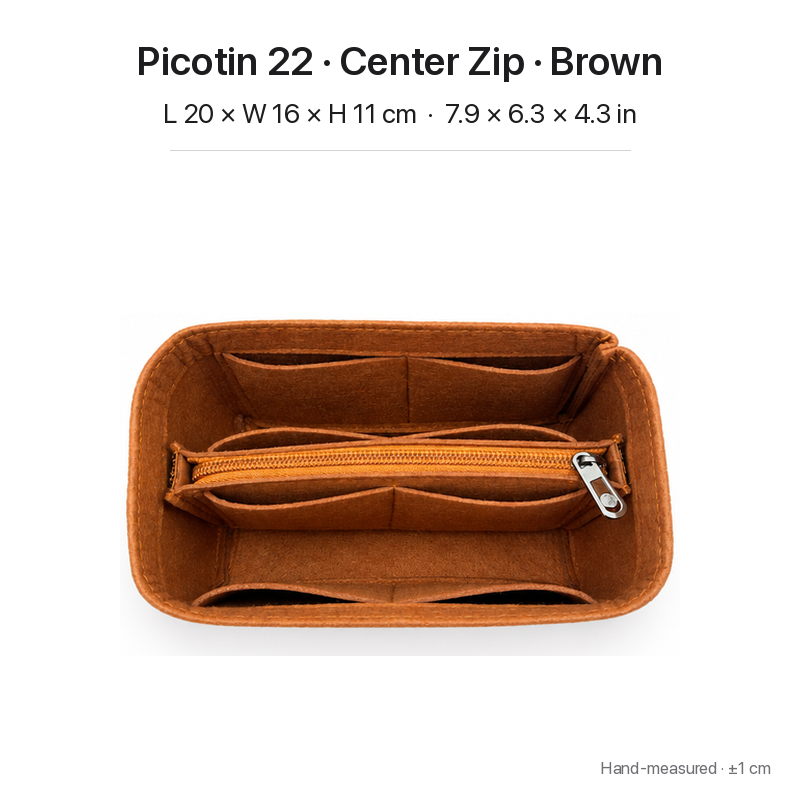 Brown felt bag organizer insert for Hermès Picotin 22, center zipper layout, top view showing pockets
