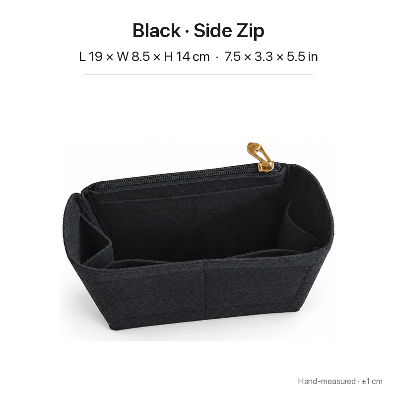 Black felt bag organizer insert for Goyard Saint Louis Mini, side zipper pocket, 19 x 8.5 x 14 cm
