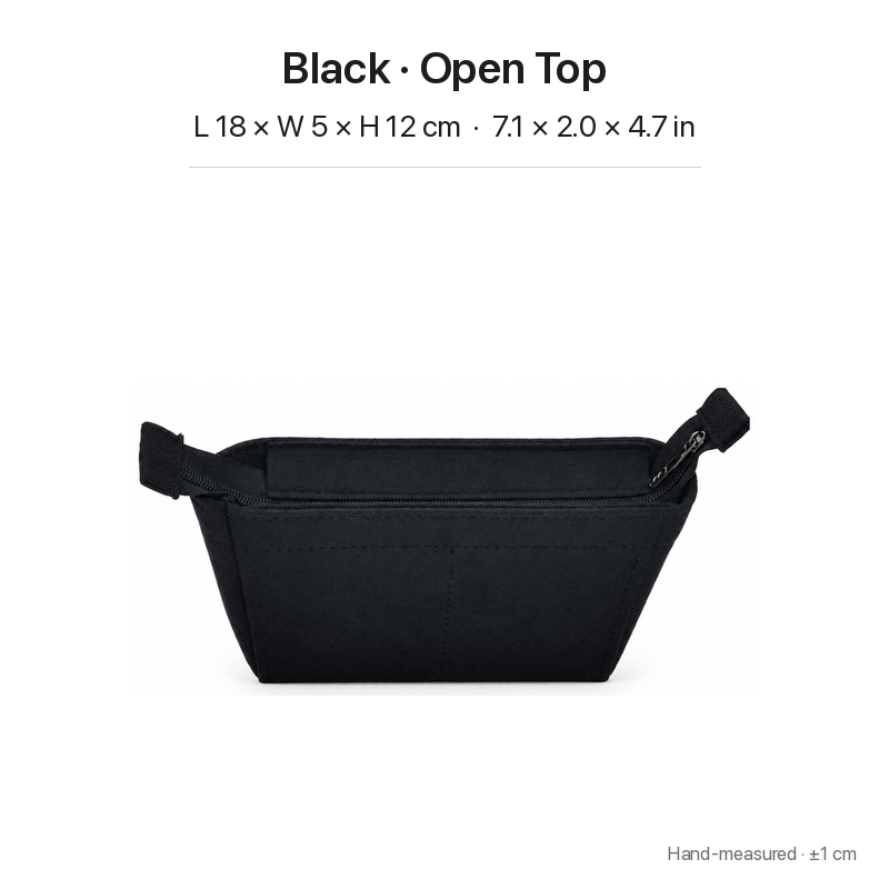 Black felt bag organizer insert for Louis Vuitton Locky BB, open top option card, front view showing a zippered top